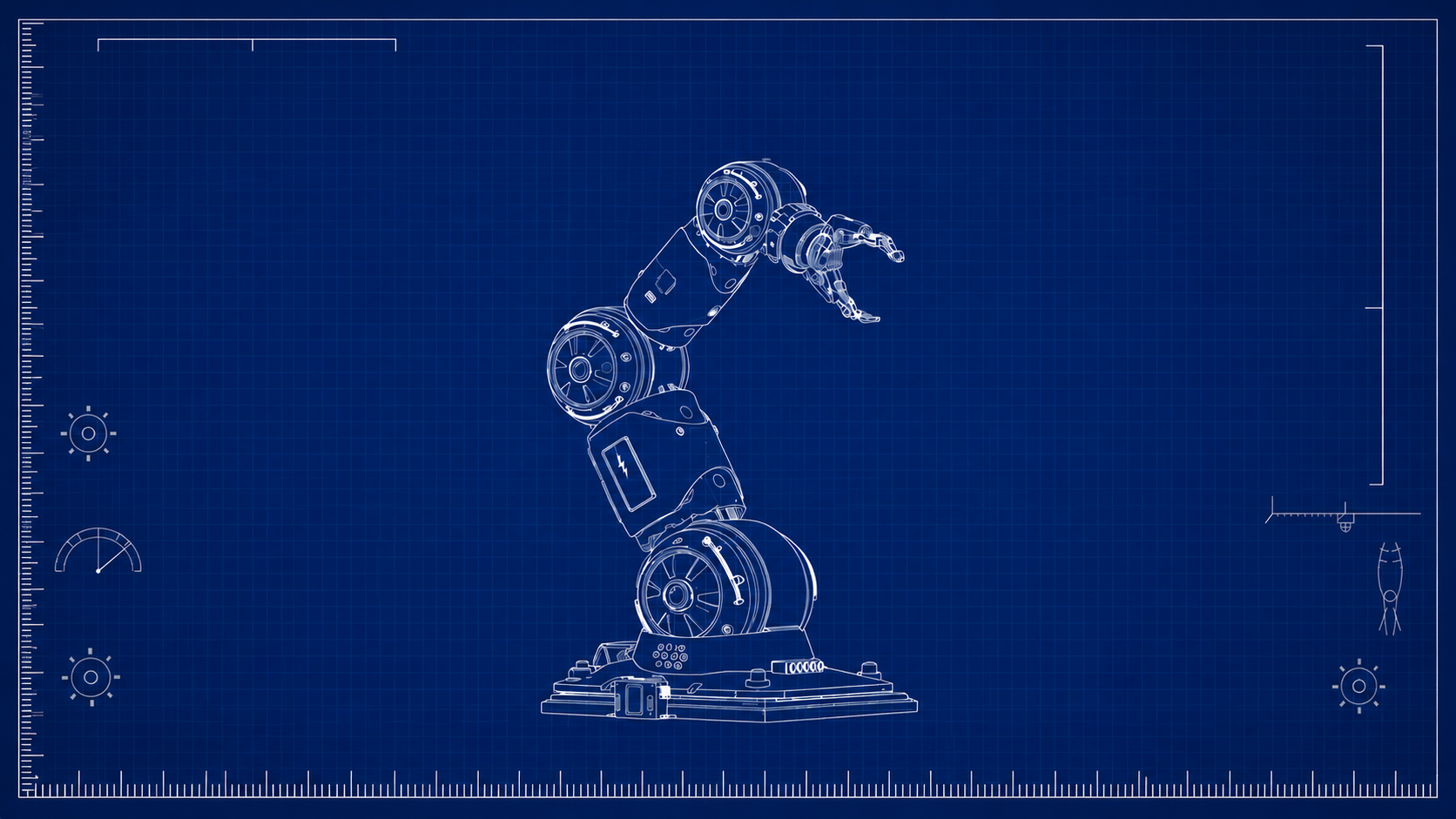 Blueprint-style render of a robotic arm, shown from a diagonal side angle. Select a labeled axis to open that part of the portfolio.