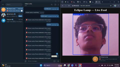 The Eclipse Lamp live feed and Telegram alerts showing person detection