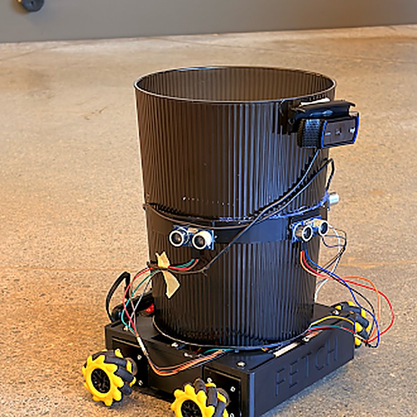 Fetch mecanum robot, front view with ultrasonic sensors and camera visible