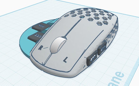 Custom gaming mouse CAD model, hex-vented shell with side buttons