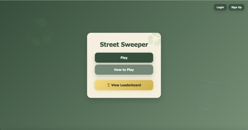 Street Sweeper web app, Play, How to Play, and Leaderboard screen